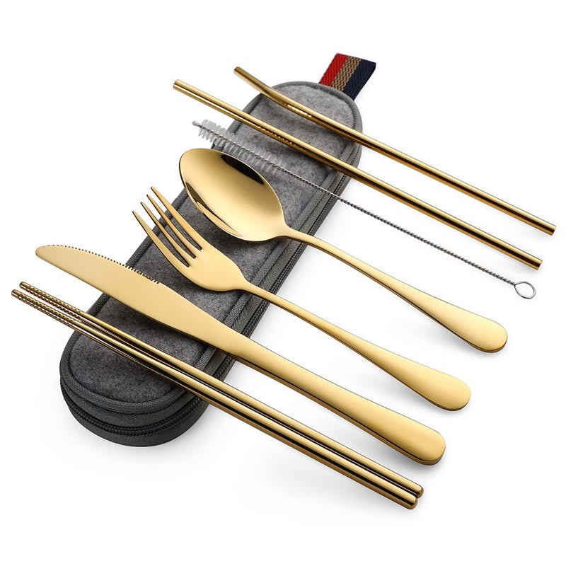 DEVICO Portable Utensils, Travel Camping Cutlery Set, 8-Piece including Knife Fork Spoon Chopsticks Cleaning Brush Straws Portable Case, Stainless Steel Flatware set (Gold) - Image 1